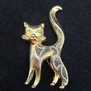 Vintage Damascene Cat Brooch